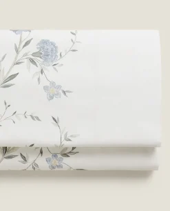 Flat Sheets*ZARA Home Blue Floral Print Flat Sheet Oyster White