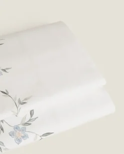 Flat Sheets*ZARA Home Blue Floral Print Flat Sheet Oyster White