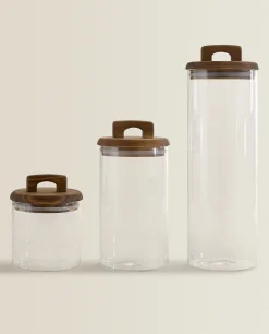 Borosilicate Glass*ZARA Home Borosilicate Glass And Wood Storage Jar Natural Colour