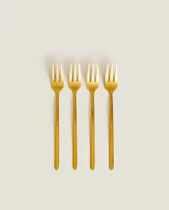 Cutlery*ZARA Home Box 4 Brunch Forks With Hammered Handle Golden