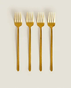 Cutlery*ZARA Home Box 4 Forks With Hammered Handle Golden