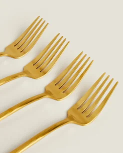 Cutlery*ZARA Home Box 4 Forks With Hammered Handle Golden