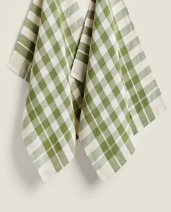 Kitchen Towels, Aprons And Bags*ZARA Home Check Waffle Kitchen Towel (Pack Of 2) Green