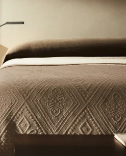 Bedspreads*ZARA Home Cotton Bedspread With Geometric Design Beige