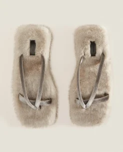 Woman*ZARA Home Faux Fur Sandal Slippers Grey