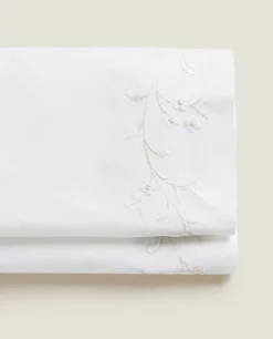 Flat Sheets*ZARA Home Floral Embroidery Flat Sheet White