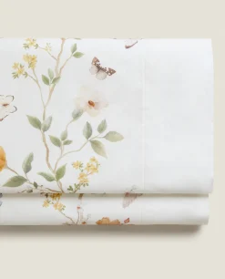 Flat Sheets*ZARA Home Flower And Butterfly Print Top Sheet Oyster White