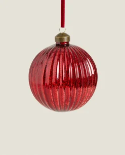 Decoration*ZARA Home Glass Christmas Bauble Decoration With Stripes Red