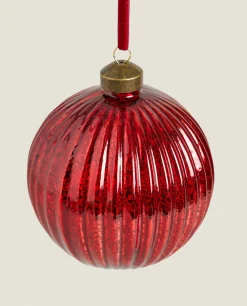 Decoration*ZARA Home Glass Christmas Bauble Decoration With Stripes Red