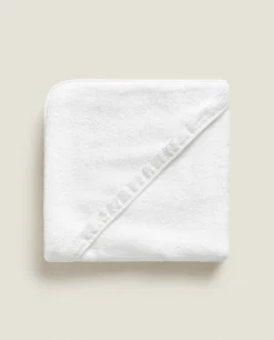 Bathroom*ZARA Home Hooded Baby Towel With Embroidered Border White