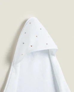Bathroom*ZARA Home Hooded Baby Towel With Embroidered Hearts Oyster White
