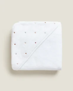 Bathroom*ZARA Home Hooded Baby Towel With Embroidered Hearts Oyster White