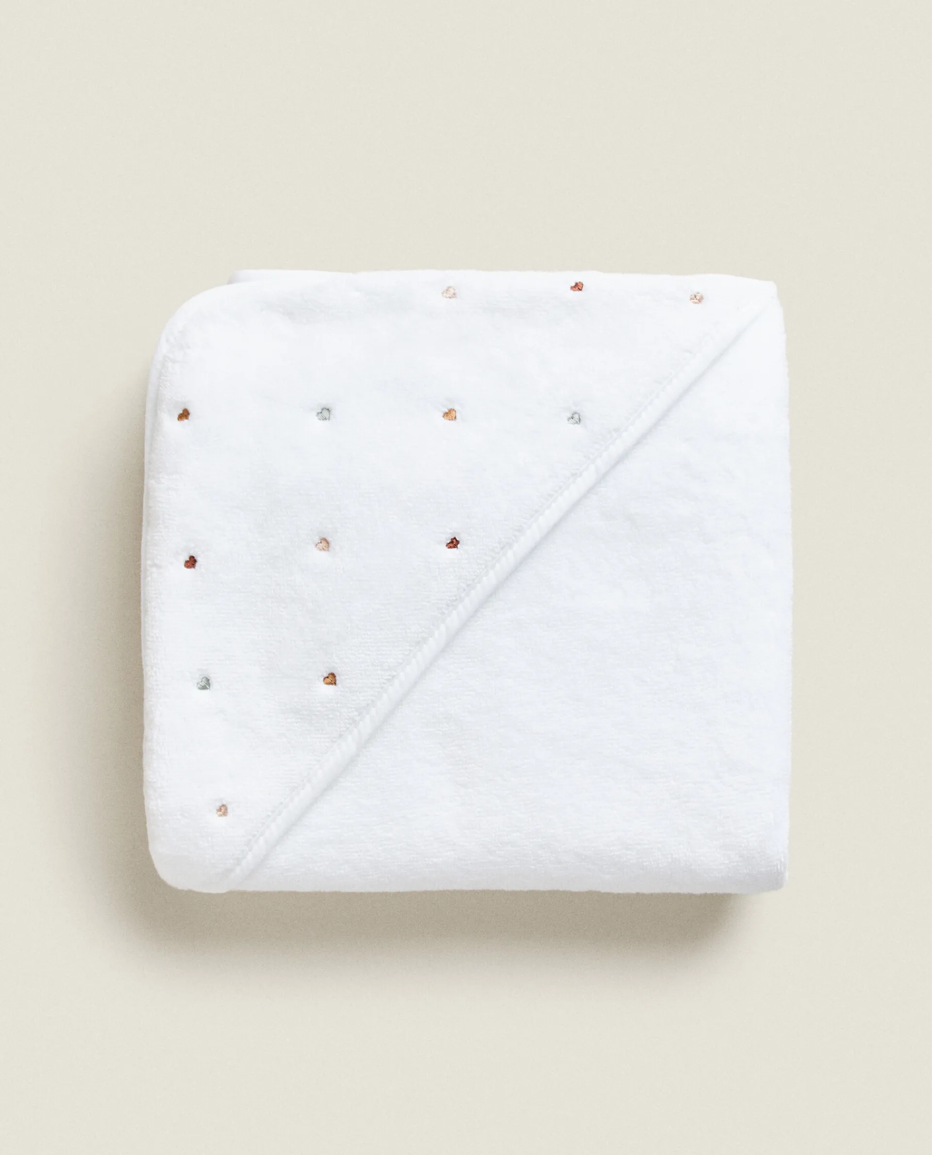 Bathroom*ZARA Home Hooded Baby Towel With Embroidered Hearts Oyster White