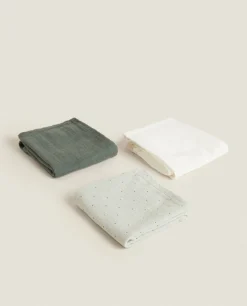 Mealtime*ZARA Home Multicolored Muslin Cloths (Pack Of 3) Green