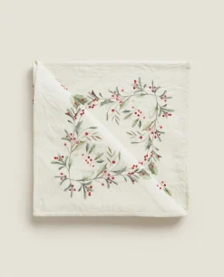 Dining*ZARA Home Pack Of Jacquard Cotton Napkins With Christmas Holly Red