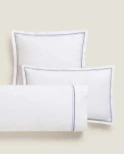 Pillowcases*ZARA Home Pillowcase With Two Embroidered Lines Blue