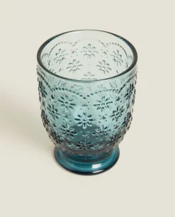 Tumblers*ZARA Home Raised Floral Design Glass Tumbler Blue