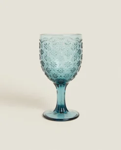 Glasses And Flutes*ZARA Home Raised Floral Design Wine Glass Blue