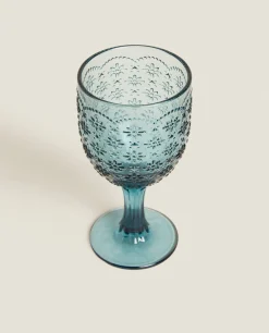 Glasses And Flutes*ZARA Home Raised Floral Design Wine Glass Blue