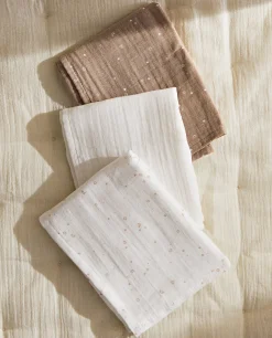 Mealtime*ZARA Home Star Print Muslin Cloths (Pack Of 3) Oyster White