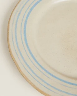 Dinner Plates*ZARA Home Stoneware Dinner Plate With Lines Ecru/ Blue