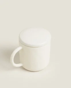 Mugs*ZARA Home Textured Mug With Lid Cream