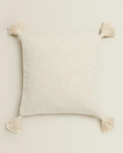 Solid*ZARA Home Throw Pillow Cover With Tassels Cream