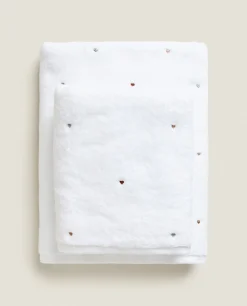 Bathroom*ZARA Home Towel With Embroidered Hearts Oyster White