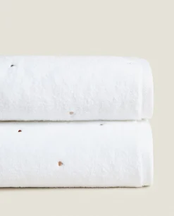Bathroom*ZARA Home Towel With Embroidered Hearts Oyster White