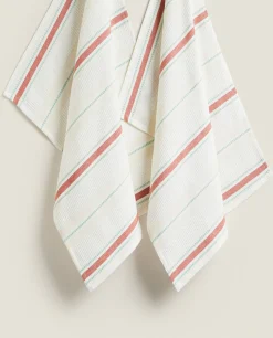 Kitchen Towels, Aprons And Bags*ZARA Home Waffle-Knit Cotton Kitchen Towel With Stripes (Pack Of 2) Cream