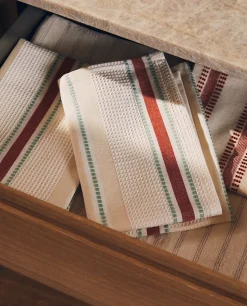 Kitchen Towels, Aprons And Bags*ZARA Home Waffle-Knit Cotton Kitchen Towel With Stripes (Pack Of 2) Cream