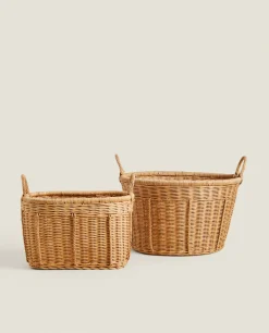 Baskets*ZARA Home Woven Rattan Basket Natural Colour
